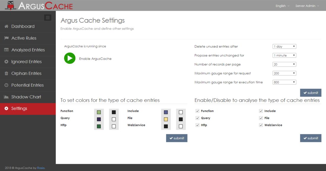 The ArgusCache settings page